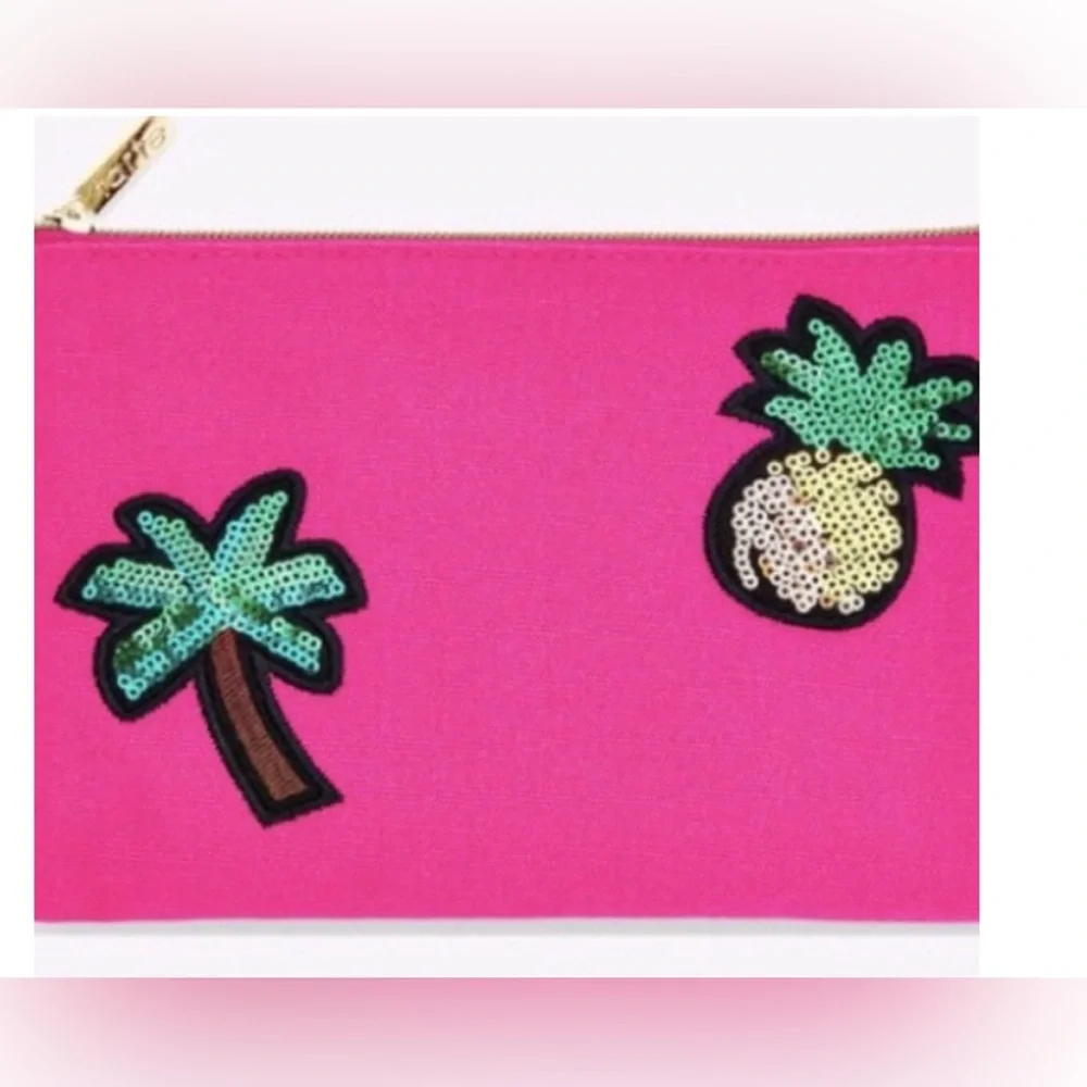 TARTE Tropical Neon Pink Cosmetic Bag Sequined Palm & Pineapple Clutch Gold Zip - Picture 2 of 7